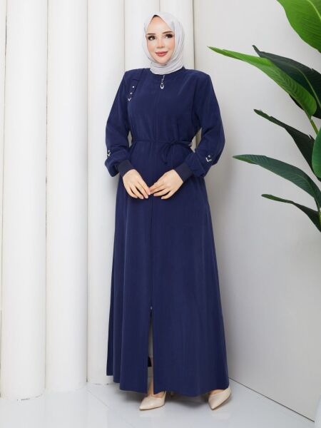 Safir Lacivert Nakışlı Ferace - Şık ve Fermuarlı Model