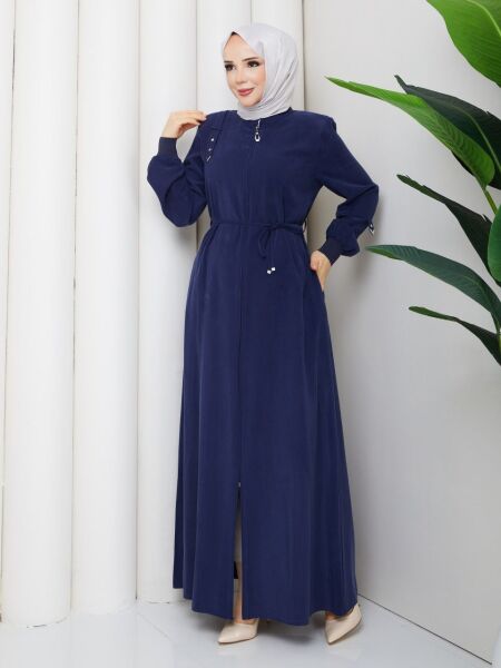 Safir Lacivert Nakışlı Ferace - Şık ve Fermuarlı Model