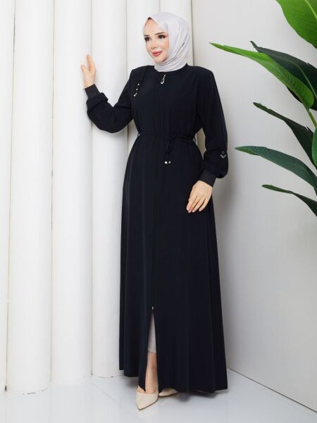 Safir Siyah: Gümüş Nakış Detaylı Fermuarlı Ferace