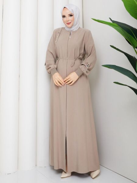 Bej Tensel Kumaş Büzgü Kol Detaylı Fermuarlı Ferace