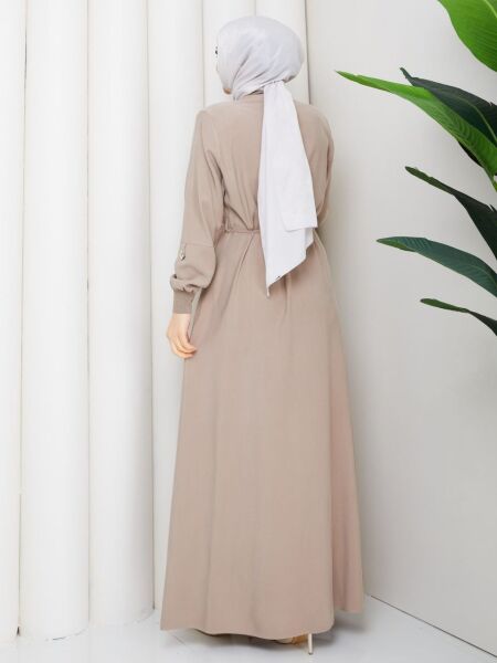 Bej Tensel Kumaş Büzgü Kol Detaylı Fermuarlı Ferace