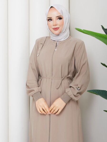 Bej Tensel Kumaş Büzgü Kol Detaylı Fermuarlı Ferace