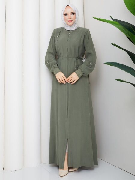 Tensel Kumaş Fermuarlı Yeşil Tesettür Ferace