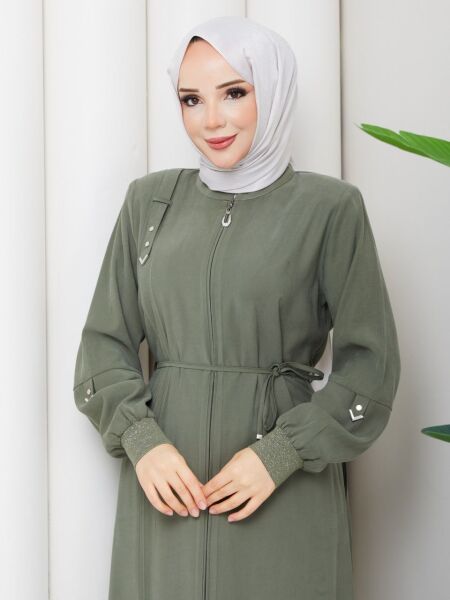Tensel Kumaş Fermuarlı Yeşil Tesettür Ferace