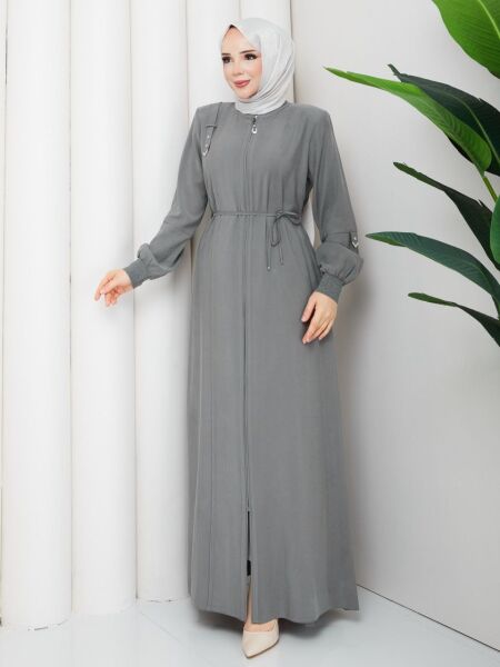 Tensel Kumaş Fermuarlı Gri Tesettür Ferace