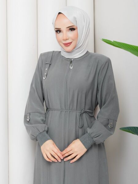 Tensel Kumaş Fermuarlı Gri Tesettür Ferace