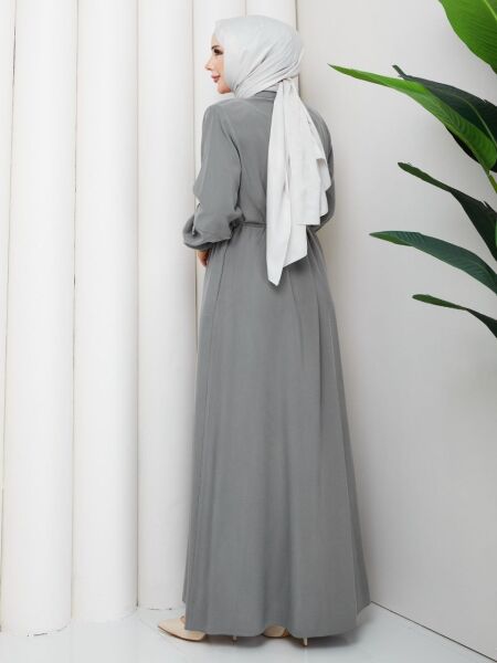 Tensel Kumaş Fermuarlı Gri Tesettür Ferace