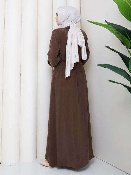 Tensel Kumaş Fermuarlı Kahverengi Tesettür Ferace