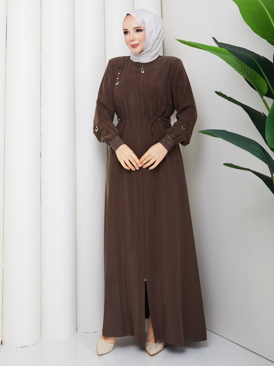 Tensel Kumaş Fermuarlı Kahverengi Tesettür Ferace