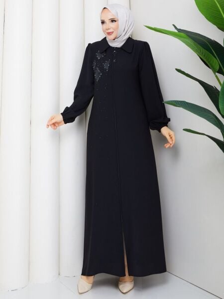 Siyah Buhara Kumaş Taş İşlemeli Fermuarlı Tesettür Ferace