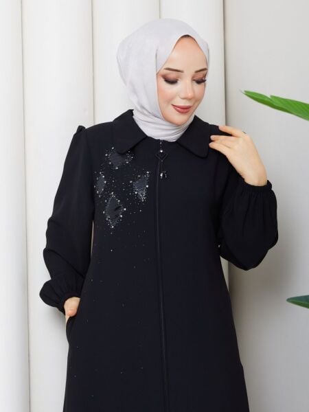 Siyah Buhara Kumaş Taş İşlemeli Fermuarlı Tesettür Ferace