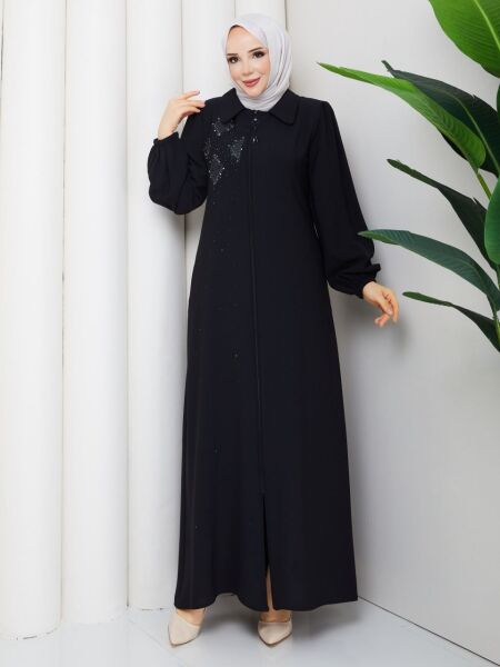 Siyah Buhara Kumaş Taş İşlemeli Fermuarlı Tesettür Ferace