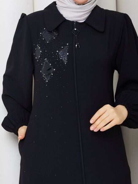 Siyah Buhara Kumaş Taş İşlemeli Fermuarlı Tesettür Ferace