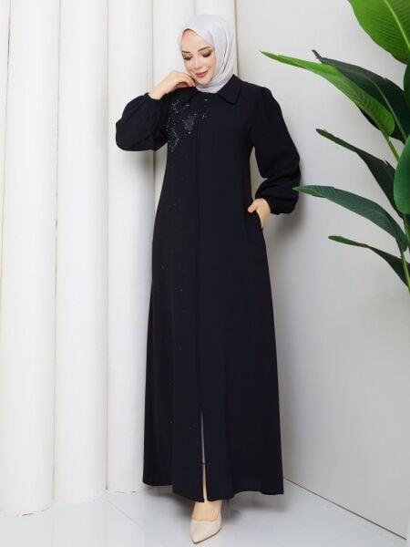 Siyah Buhara Kumaş Taş İşlemeli Fermuarlı Tesettür Ferace