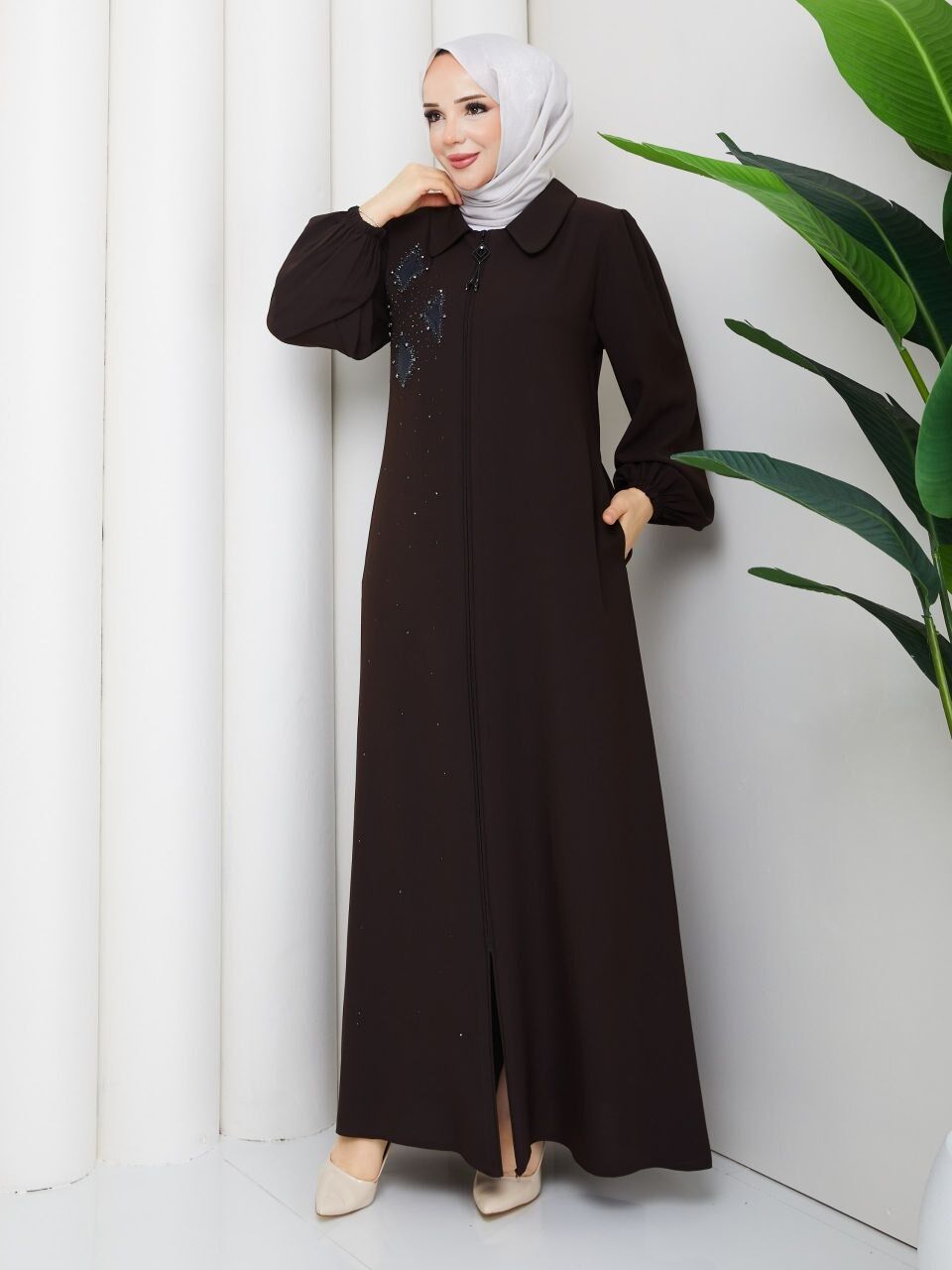 Kahverengi Buhara Kumaş Taş İşlemeli Fermuarlı Ferace