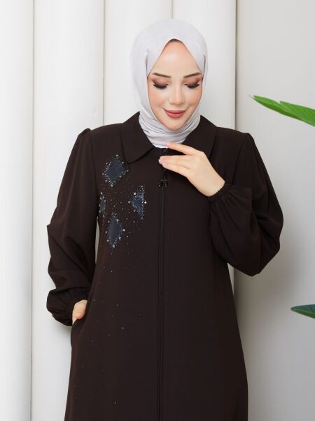 Kahverengi Buhara Kumaş Taş İşlemeli Fermuarlı Ferace