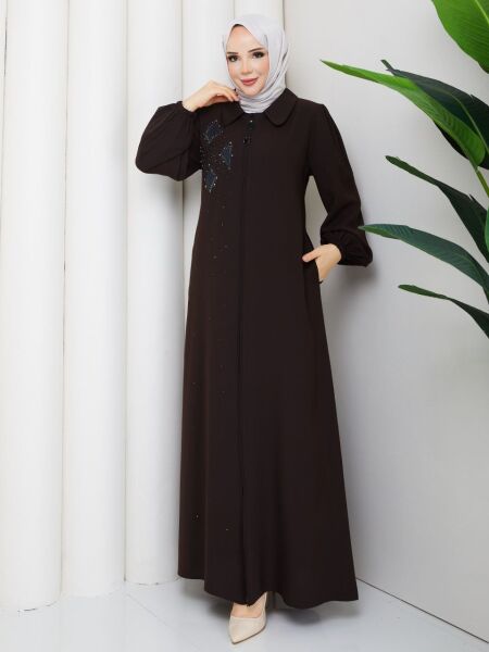 Kahverengi Buhara Kumaş Taş İşlemeli Fermuarlı Ferace