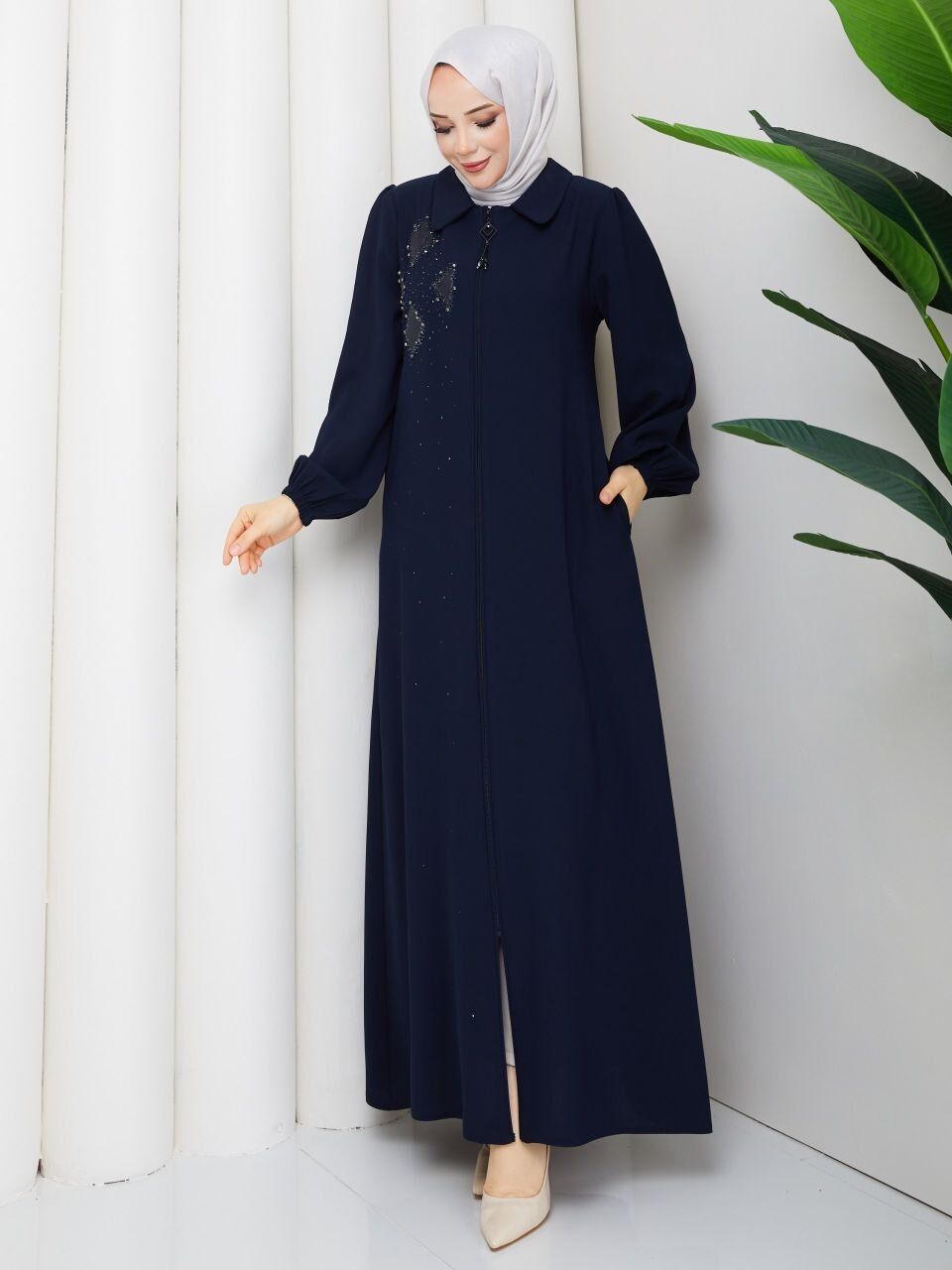 Lacivert Buhara Kumaş Taş İşlemeli Fermuarlı Ferace