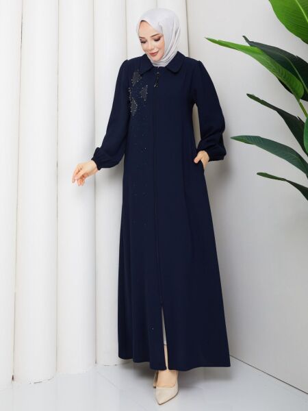 Lacivert Buhara Kumaş Taş İşlemeli Fermuarlı Ferace