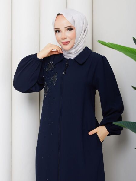Lacivert Buhara Kumaş Taş İşlemeli Fermuarlı Ferace