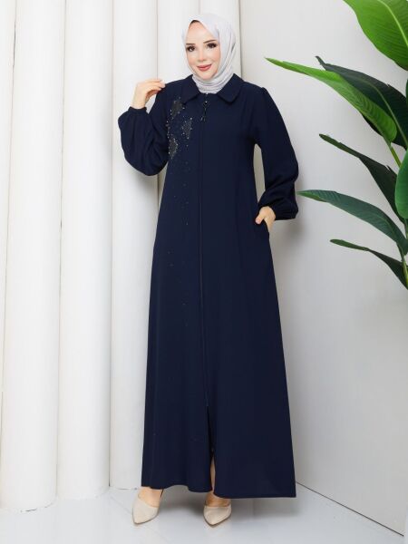 Lacivert Buhara Kumaş Taş İşlemeli Fermuarlı Ferace