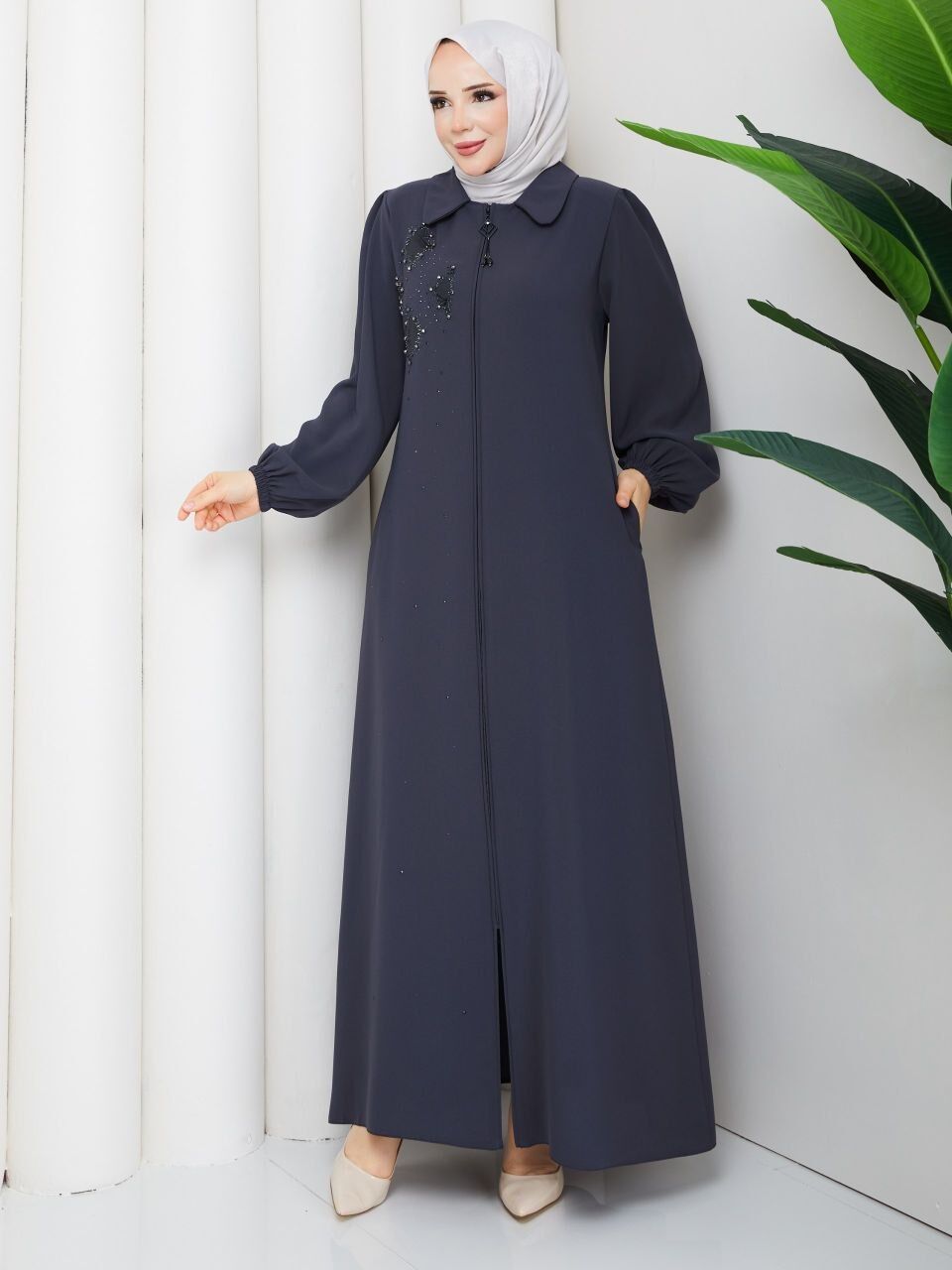 Antrasit Buhara Kumaş Taş İşlemeli Fermuarlı Ferace