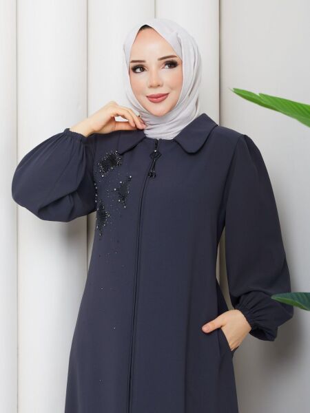 Antrasit Buhara Kumaş Taş İşlemeli Fermuarlı Ferace