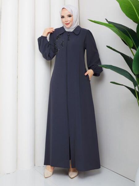 Antrasit Buhara Kumaş Taş İşlemeli Fermuarlı Ferace