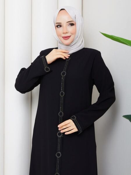 Halka Taş İşlemeli Siyah Petek Kumaş Ferace