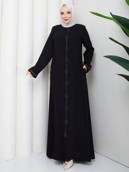 Halka Taş İşlemeli Siyah Petek Kumaş Ferace