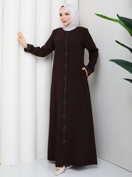 Halka Taş İşlemeli Kahverengi Petek Kumaş Ferace