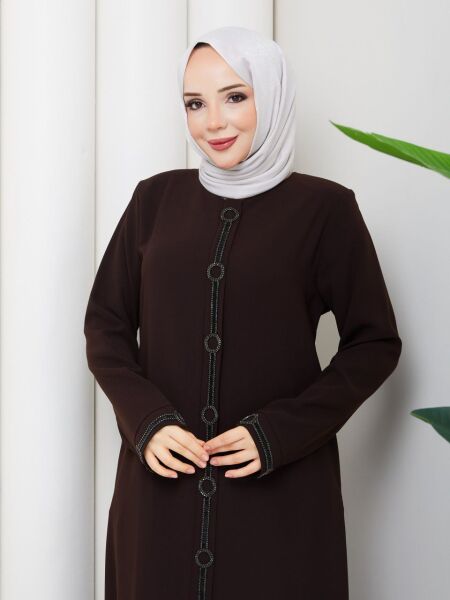 Halka Taş İşlemeli Kahverengi Petek Kumaş Ferace