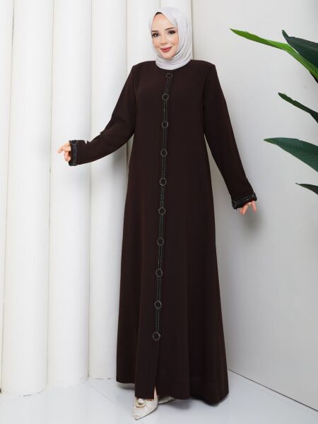 Halka Taş İşlemeli Kahverengi Petek Kumaş Ferace