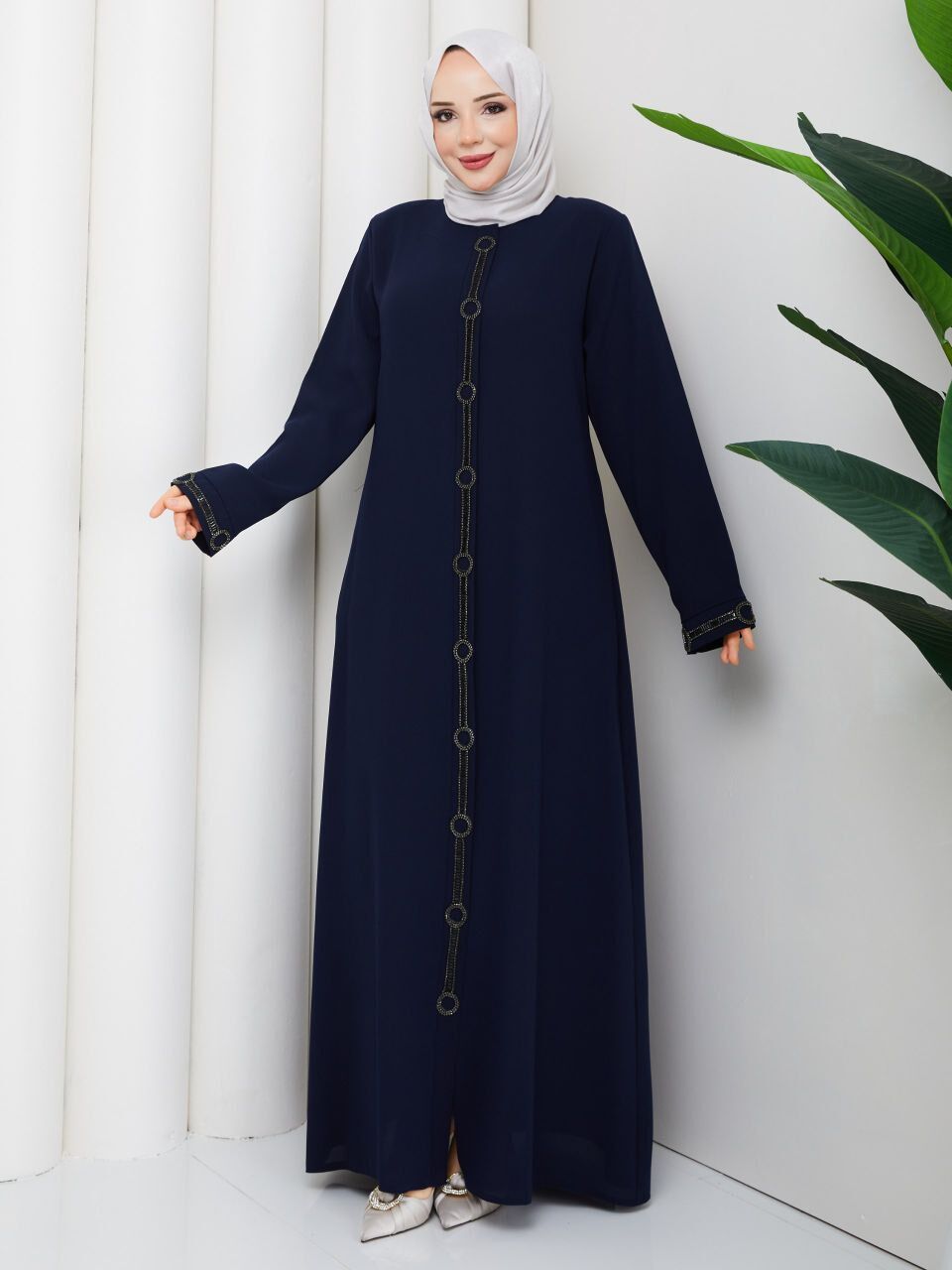 Halka Taş İşlemeli Lacivert Petek Kumaş Ferace