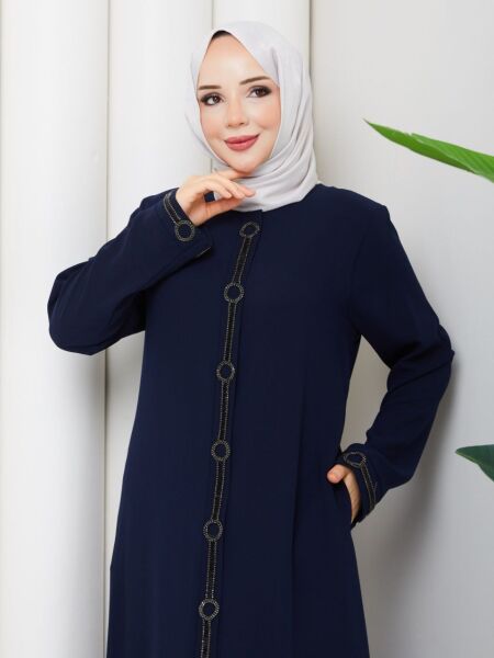 Halka Taş İşlemeli Lacivert Petek Kumaş Ferace