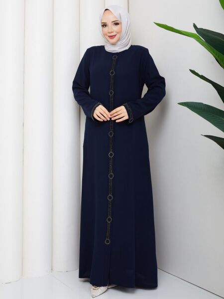 Halka Taş İşlemeli Lacivert Petek Kumaş Ferace