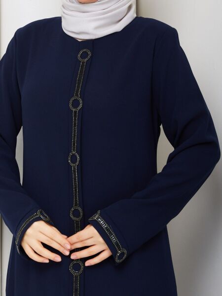 Halka Taş İşlemeli Lacivert Petek Kumaş Ferace