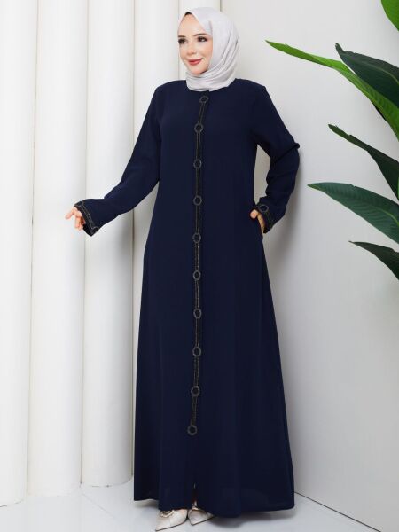 Halka Taş İşlemeli Lacivert Petek Kumaş Ferace