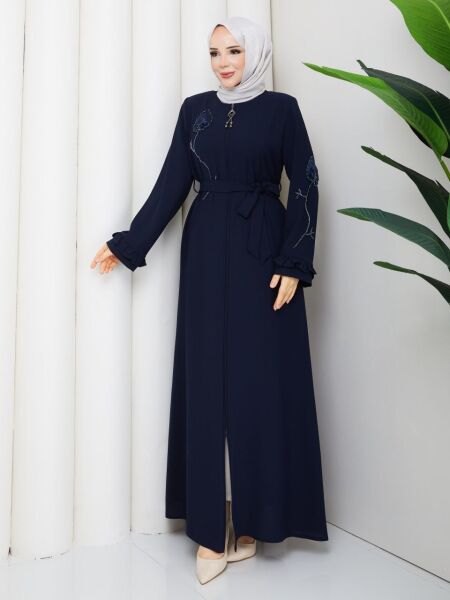 Lacivert Buhara Kumaş Çiçek Nakışlı Ferace Abiye