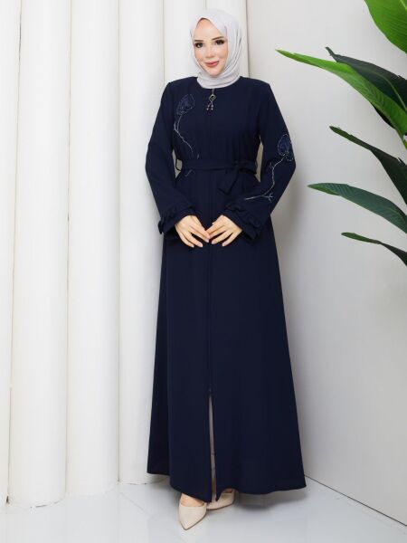 Lacivert Buhara Kumaş Çiçek Nakışlı Ferace Abiye