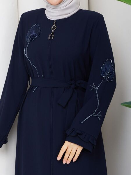 Lacivert Buhara Kumaş Çiçek Nakışlı Ferace Abiye
