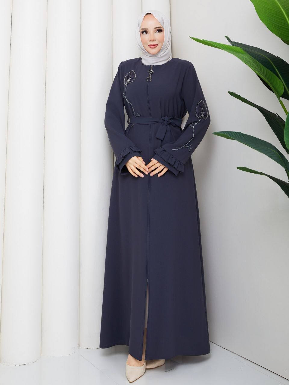 Antrasit Buhara Kumaş Çiçek Nakışlı Ferace Abiye