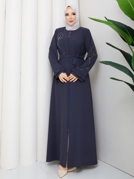 Antrasit Buhara Kumaş Çiçek Nakışlı Ferace Abiye