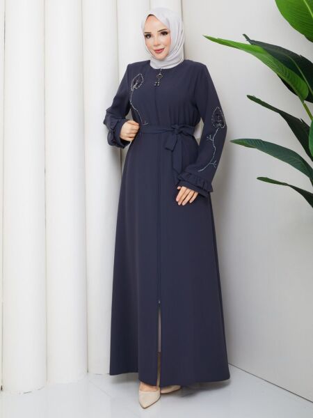 Antrasit Buhara Kumaş Çiçek Nakışlı Ferace Abiye