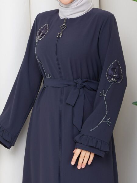 Antrasit Buhara Kumaş Çiçek Nakışlı Ferace Abiye