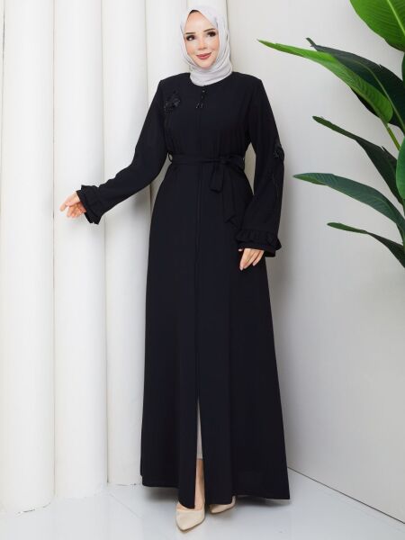 Siyah Buhara Kumaş Çiçek Nakışlı Ferace Abiye