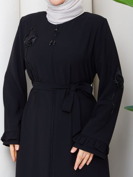 Siyah Buhara Kumaş Çiçek Nakışlı Ferace Abiye