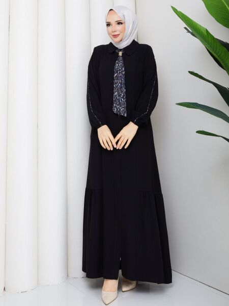 Fular Detaylı Siyah Rabia Kumaş Tesettür Ferace