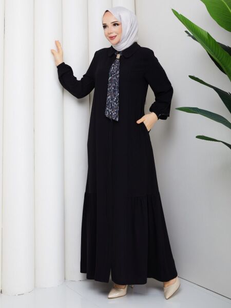 Fular Detaylı Siyah Rabia Kumaş Tesettür Ferace