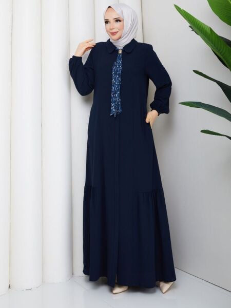 Fular Detaylı Lacivert Rabia Kumaş Tesettür Ferace